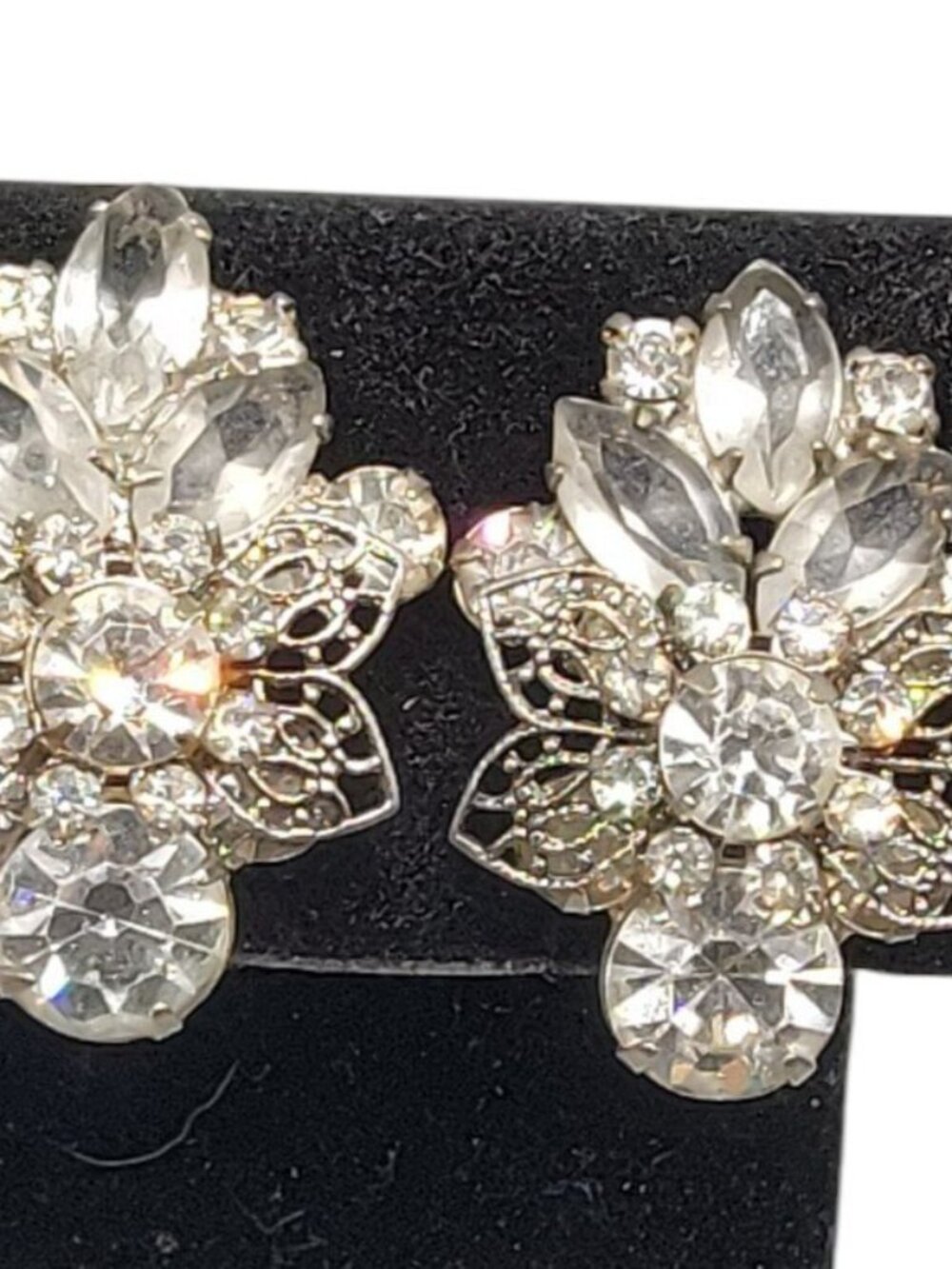 Vtg Eisenberg Clear Rhinestone Cluster Clip On Earrings Silver Tone Filigree MCM